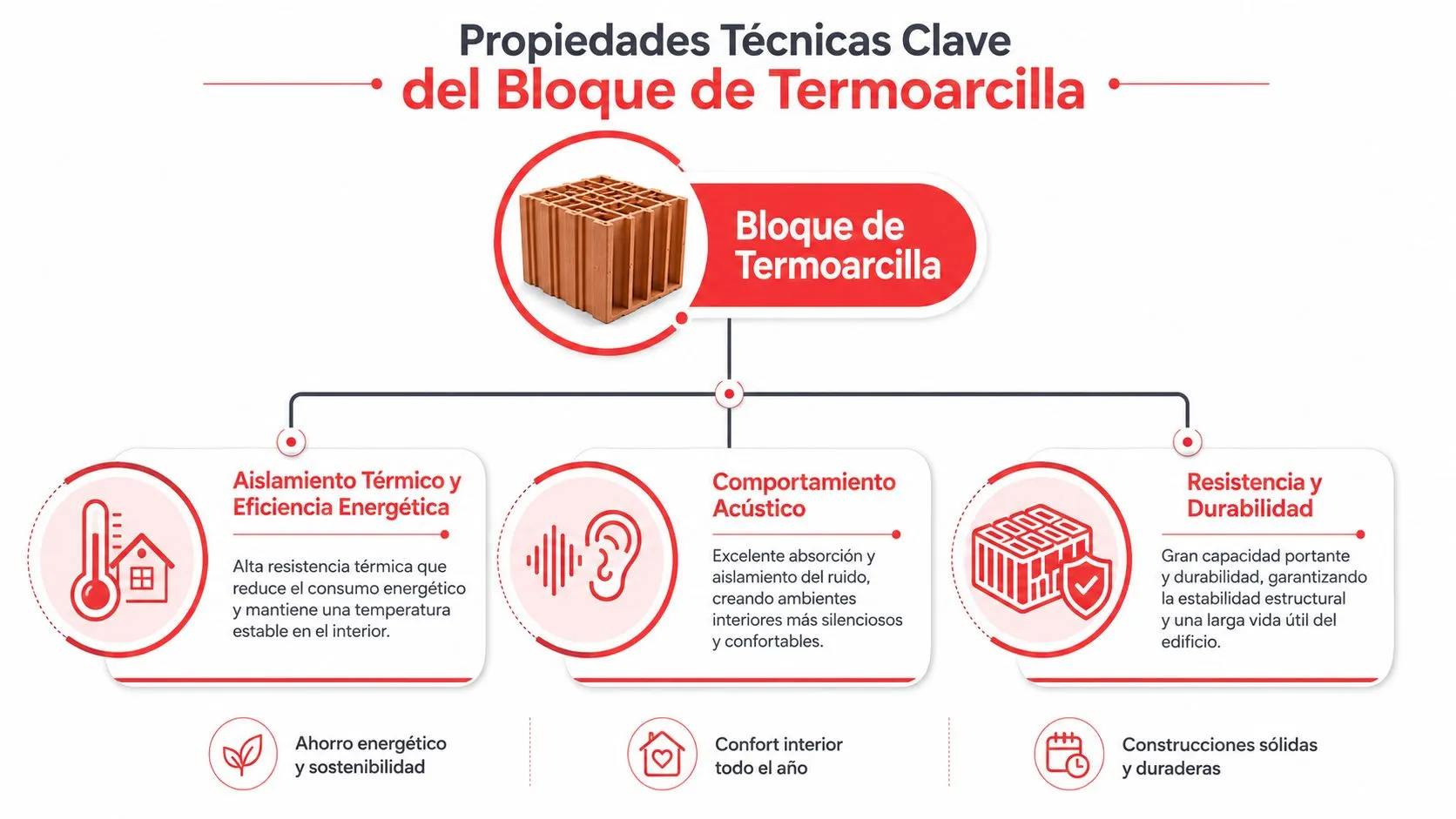 Diagrama que muestra las propiedades técnicas clave de los bloques de termoarcilla para la construcción eficiente.