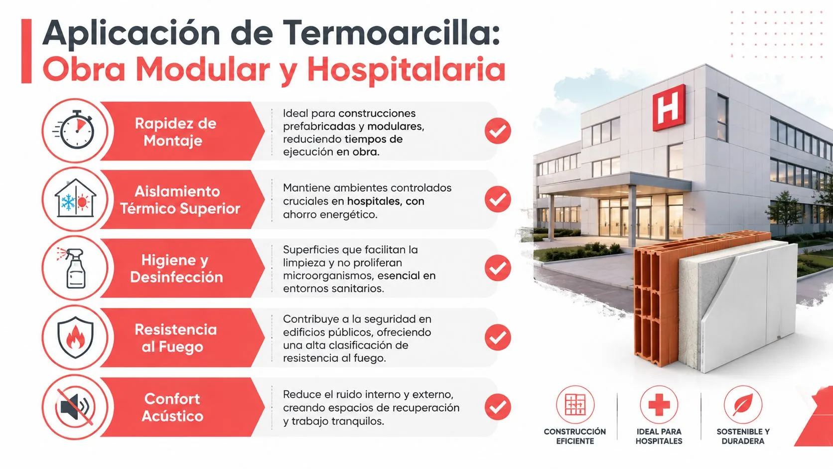 Infografía sobre los beneficios del bloque de termoarcilla en construcciones modulares y edificios hospitalarios modernos.