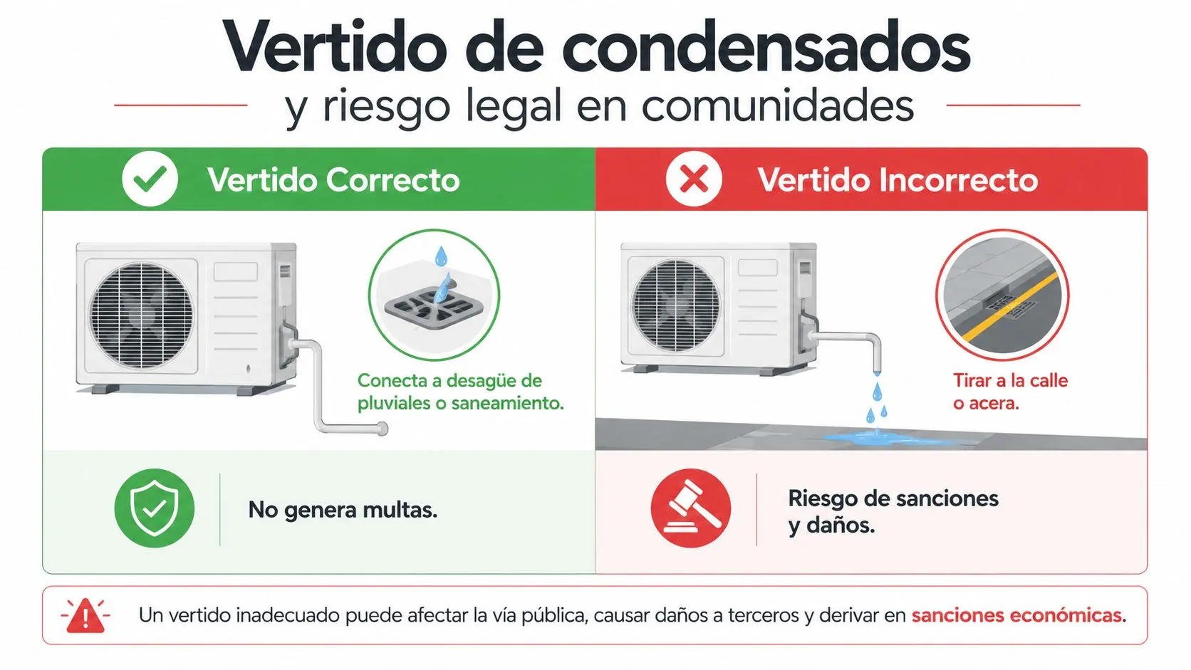 Infografía sobre cómo realizar correctamente el vertido de condensados de aires acondicionados para evitar sanciones legales.
