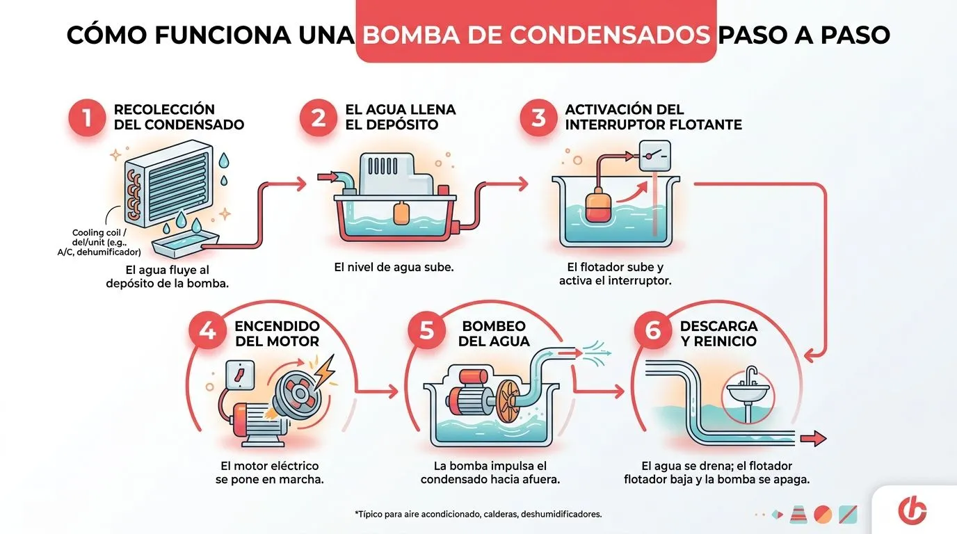 Diagrama paso a paso que explica el funcionamiento de una bomba para evacuar agua de condensados