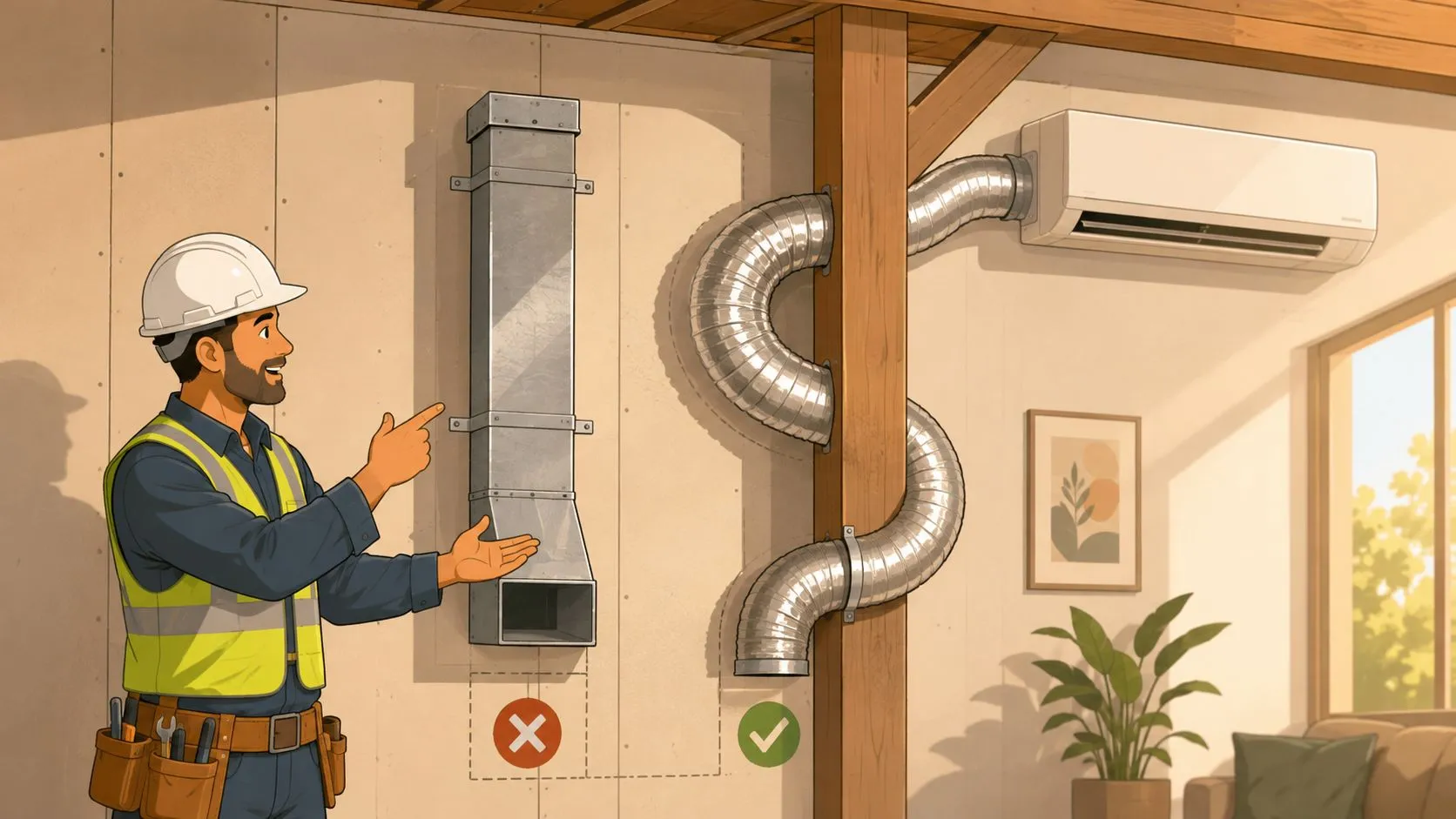 Un técnico mostrando una comparación entre conductos de aire rígidos y flexibles de aluminio instalados profesionalmente.
