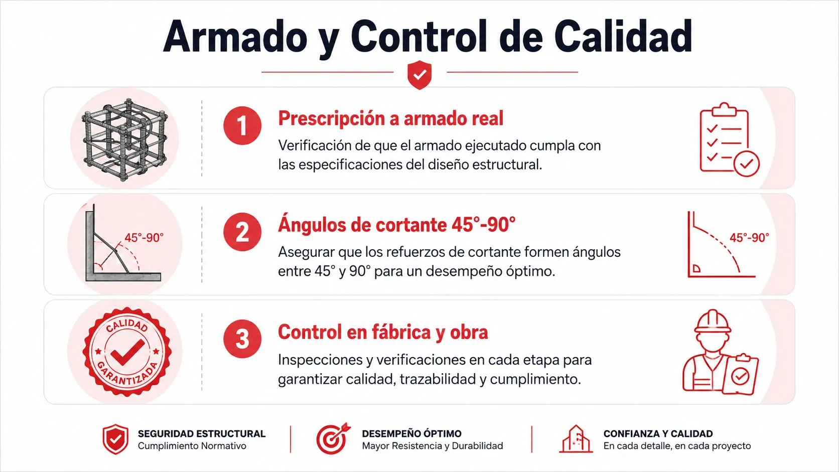 Infografía sobre el proceso de armado y control de calidad en estructuras de concreto y refuerzos metálicos.