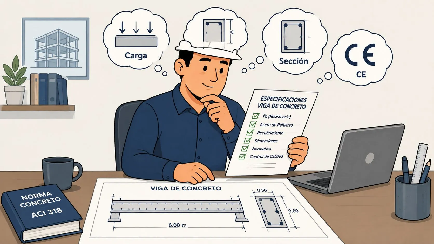 Un ingeniero civil revisando especificaciones técnicas para el diseño y construcción de una viga de concreto reforzado.