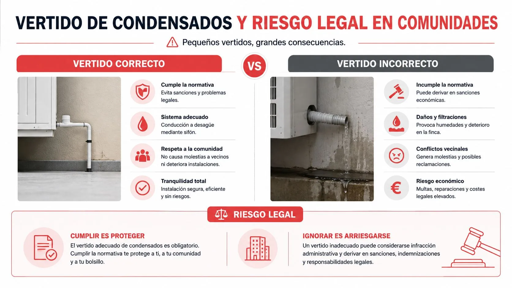 Comparativa entre un vertido de condensados de aire acondicionado correcto frente a uno incorrecto con implicaciones legales.