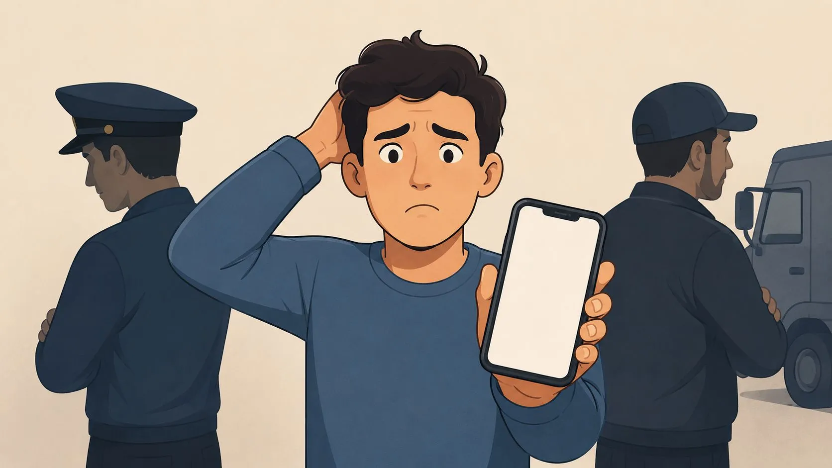 Un joven confundido sostiene un teléfono móvil vacío con policías detrás, sugiriendo problemas de seguimiento de pedidos.