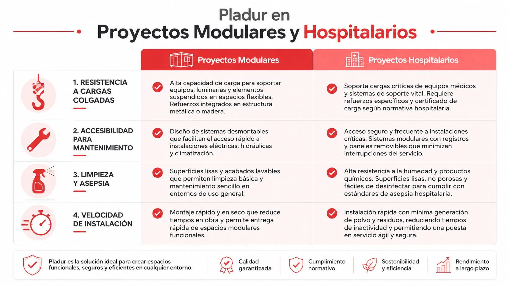 Tabla comparativa de los beneficios de usar Pladur en proyectos modulares y entornos hospitalarios especializados.