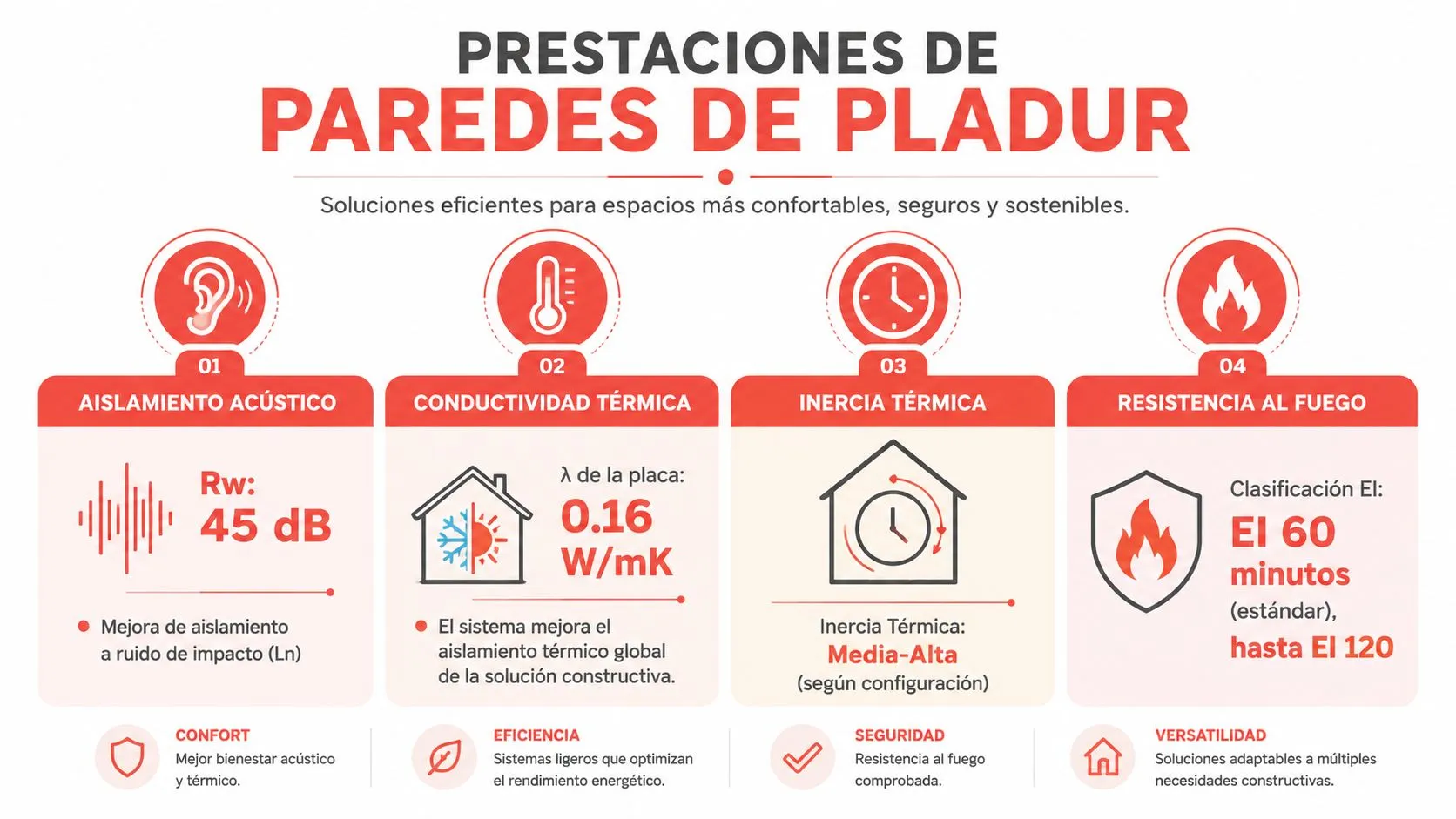 Infografía sobre las prestaciones técnicas de las paredes de pladur incluyendo aislamiento acústico, térmico y resistencia al fuego.