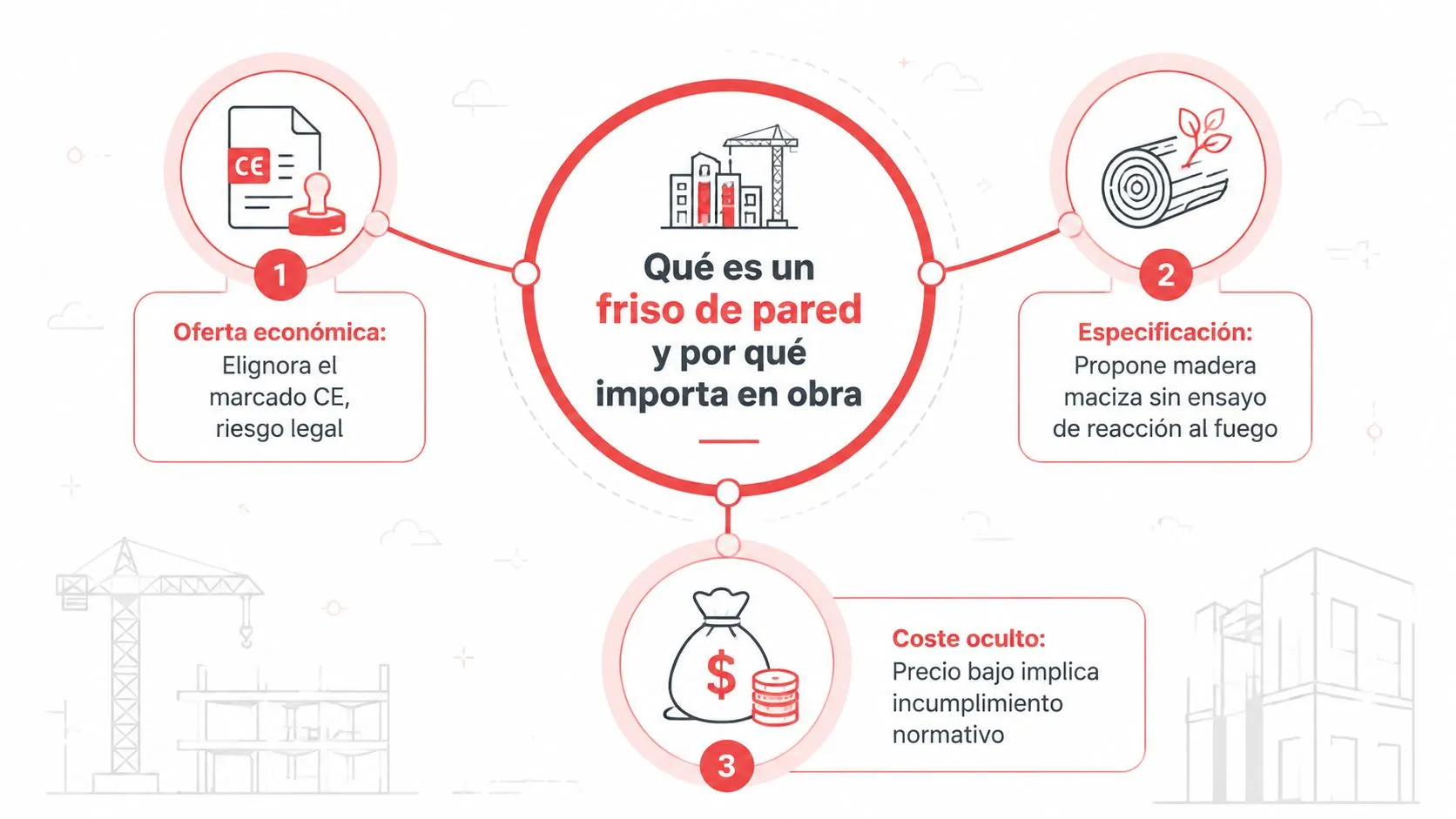 Infografía sobre los riesgos legales y normativos al elegir un friso de pared para una obra.