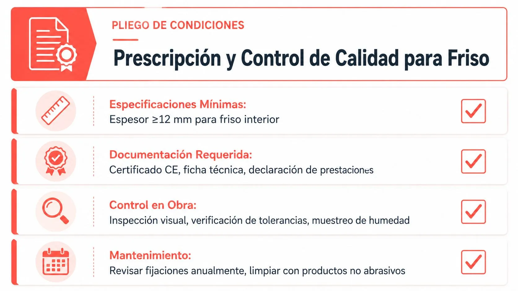 Infografía sobre el pliego de condiciones, especificaciones mínimas, control de calidad y mantenimiento para friso de pared interior.